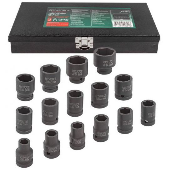 Set capete de impact ROCKFORCE RF-4159-5MPB, 1/2", 15 piese (10–32 mm), în cutie metalică